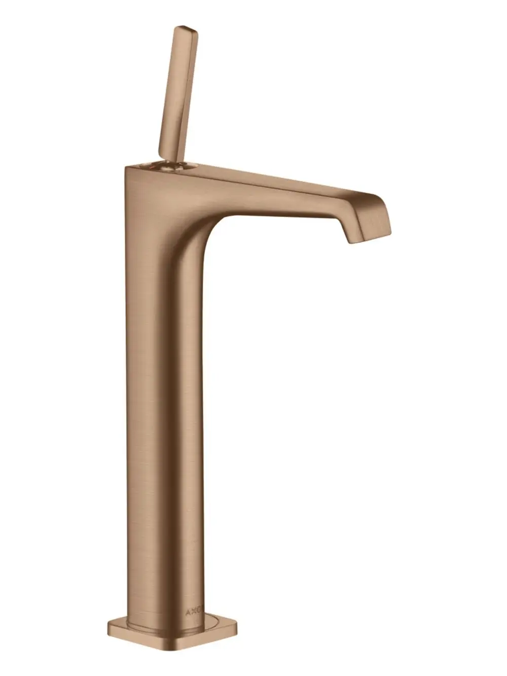 Einhebel-Waschtischmischer von AXOR in gebürstetem Rotgold mit schlankem Design und seitlichem Hebel, geeignet für Aufsatzwaschtische.